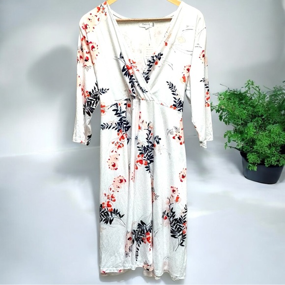 Empire Waist Faux Wrap Cream with Red & Blue Floral Print Dress - Picture 1 of 5